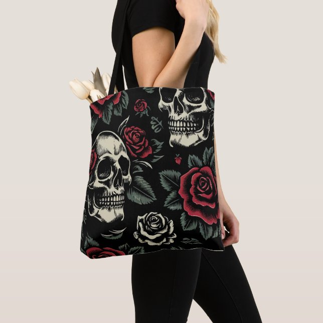 Skulls & Red Roses Gothic Floral  Tote Bag (Close Up)