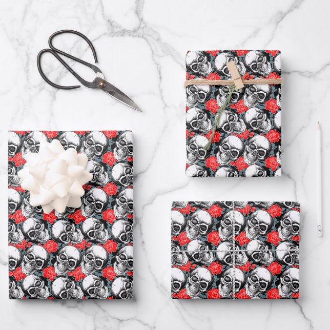 Skulls & Red Roses Wrapping Paper Sheet (Front)
