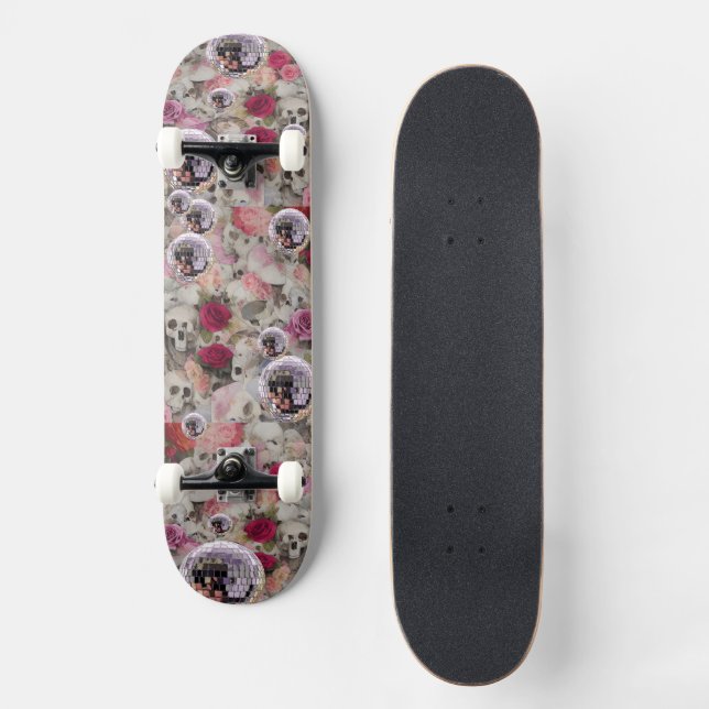 Skulls Roses and Pink Disco Balls Skateboard (Front)