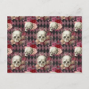 Skulls Roses and Pink Purple Chequered Postcard