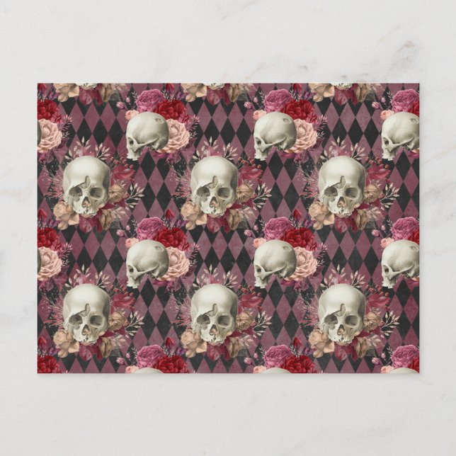 Skulls Roses and Pink Purple Chequered Postcard (Front)