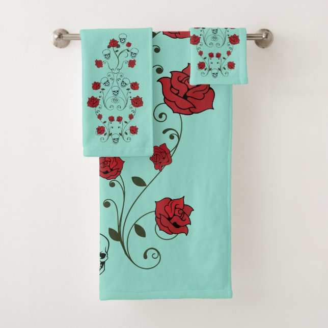 Skulls & Roses Bathroom Towel Set Teal (Insitu)