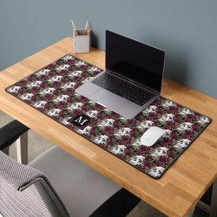 Skulls Roses Burgundy Black Monogrammed Pattern Desk Mat