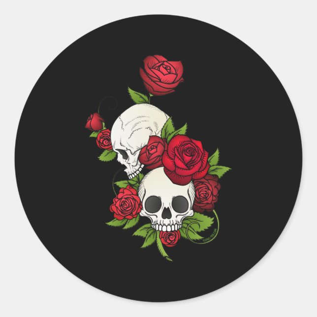 Skulls Roses Día de Muertos Classic Round Sticker (Front)