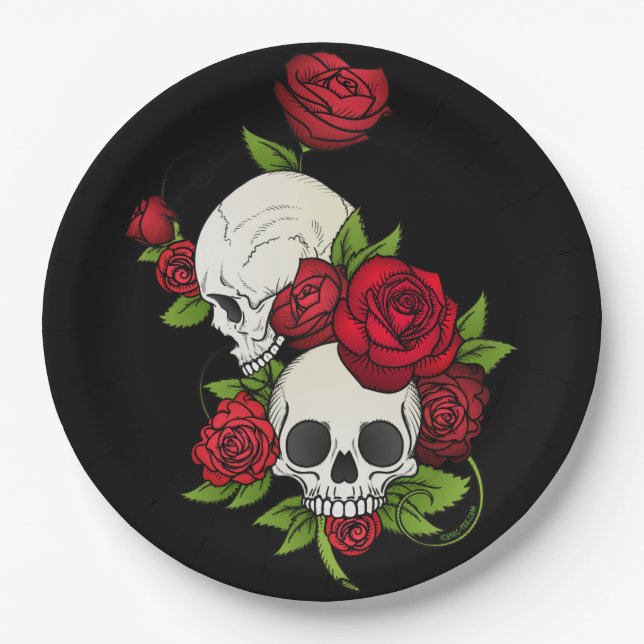 Skulls Roses Día de Muertos Paper Plate (Front)