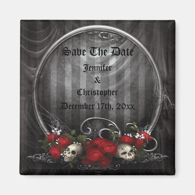 Skulls & Roses Gothic Save The Date Wedding Magnet (Front)