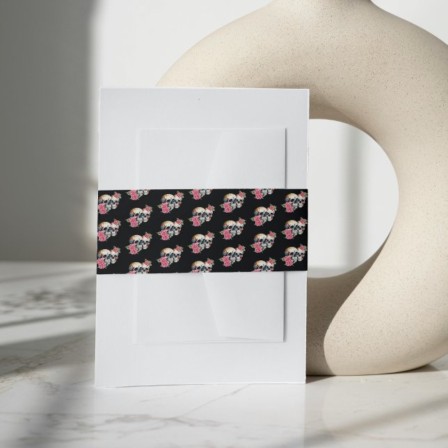 Skulls & Roses Pattern Black Wedding Invitation Belly Band (Skulls & Roses Pattern Black Wedding Invitation Belly Band)