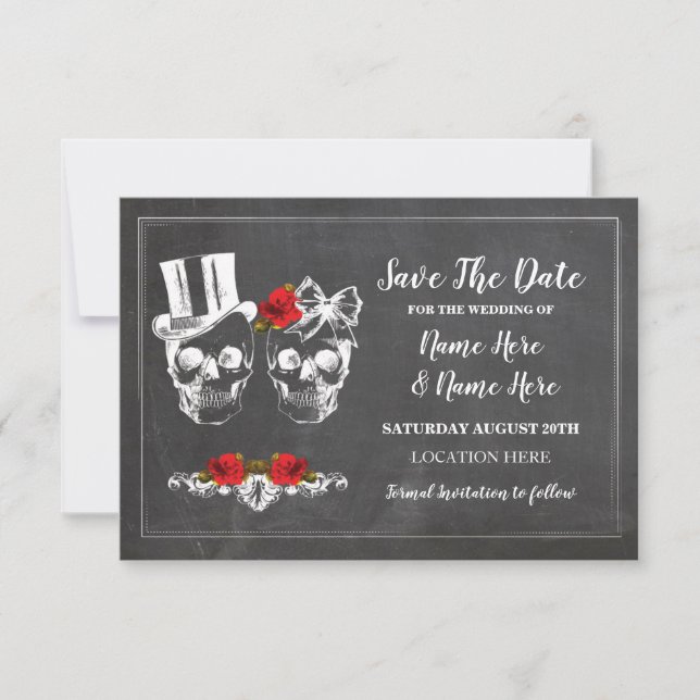 Skulls Save The Date Rustic Roses Card (Front)