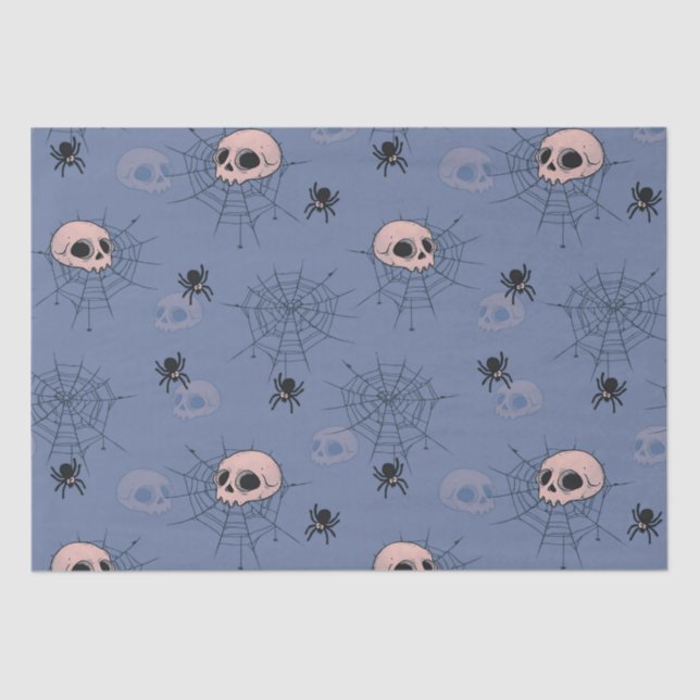 Skulls Spiders Spiderwebs Blue Halloween Tissue Paper (Front)