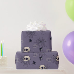 Skulls Spiders Spiderwebs Blue Halloween Wrapping Paper
