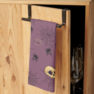 Skulls Spiders Spiderwebs Purple Halloween Tea Towel