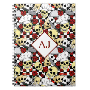 Skulls Wearing Chef Hats Red Roses Pattern Chef Notebook