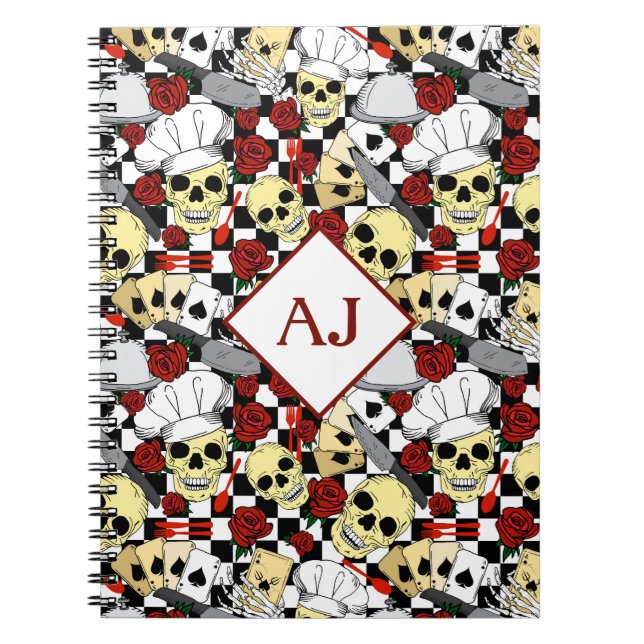 Skulls Wearing Chef Hats Red Roses Pattern Chef Notebook (Front)
