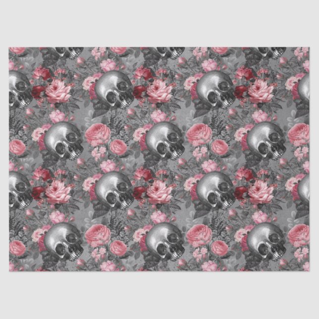 Skulls with Pink Roses on Grey Decoupage Tissue Paper (Front)