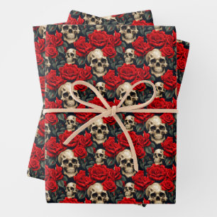 Skulls with Red & Black Roses Goth Valentine Wrapping Paper Sheet