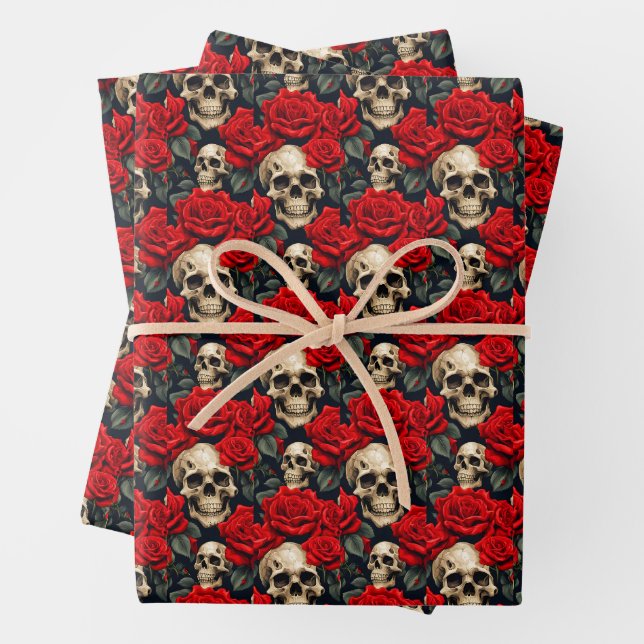 Skulls with Red & Black Roses Goth Valentine Wrapping Paper Sheet (In situ)