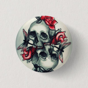 Skulls with Roses and Dragonfly Round Button