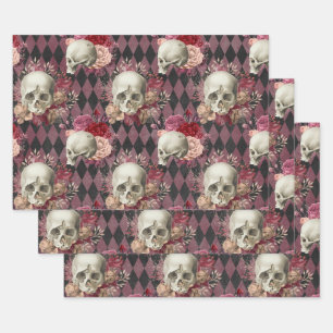 Skulls with Roses and Pink Purple Checkered Wrapping Paper Sheet