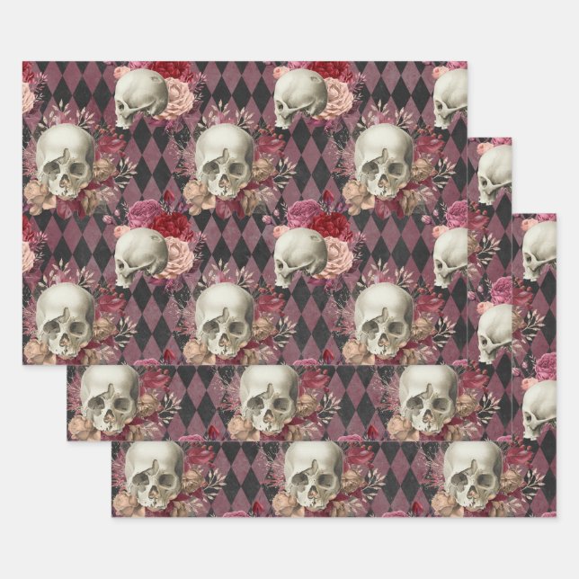 Skulls with Roses and Pink Purple Checkered Wrapping Paper Sheet (Set)
