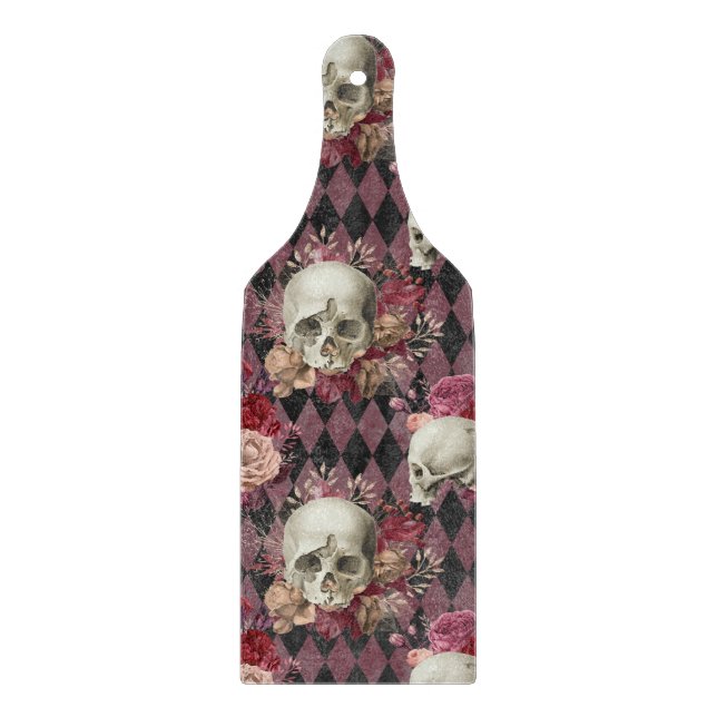Skulls with Roses and Pink Purple Chequered Cutting Board (Front)