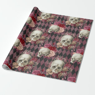 Skulls with Roses and Pink Purple Chequered Wrapping Paper