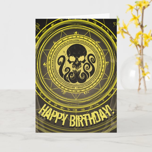 Skullthulhu Fearful Yellow Birthday Card (Yellow Flower)