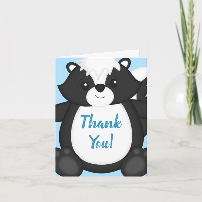 Skunk Baby Shower Blue Thank You Card (Front)