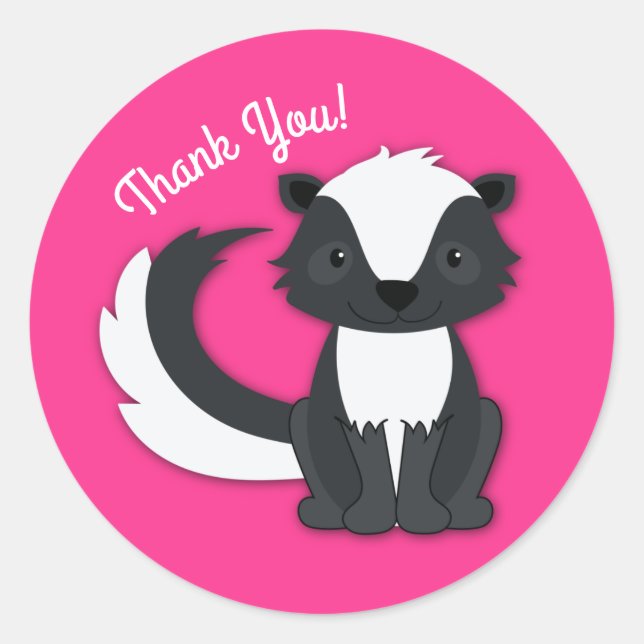 Skunk Birthday Party Kids Pink Classic Round Sticker (Front)