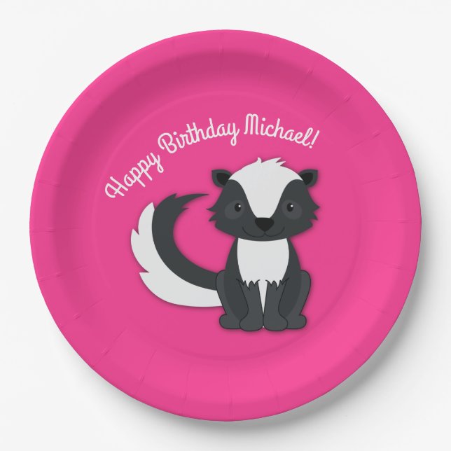 Skunk Birthday Party Kids Pink Paper Plates (Front)