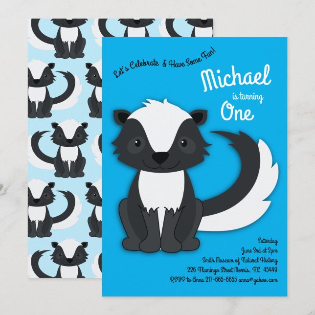 Skunk Cute Kids 1st Birthday Party Blue Boys Invitation (Front/Back)