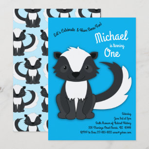 Skunk Cute Kids 1st Birthday Party Blue Boys Invitation