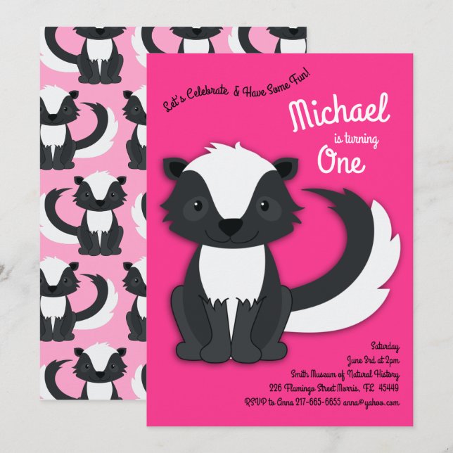 Skunk Cute Kids 1st Birthday Party Pink Girls Invitation (Front/Back)