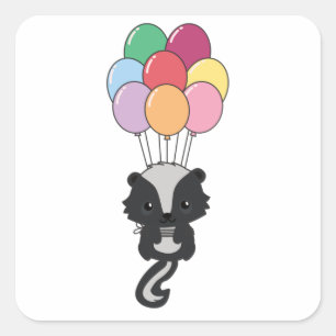 Skunk Flies Up With Colorful Balloons Square Sticker