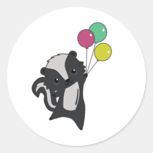 Skunk Flies Up With Colourful Balloons Classic Round Sticker