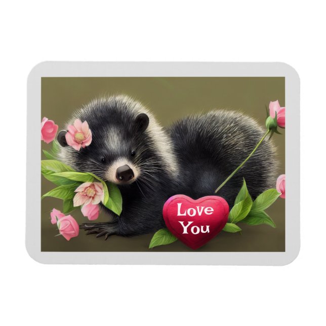 Skunk Hugging Flowers Love You Magnet (Horizontal)