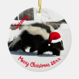 Skunk in Santa Hat  Ceramic Ornament