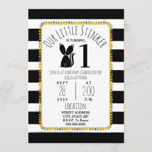 Skunk Little Stinker Pompom Stripes Birthday Party Invitation