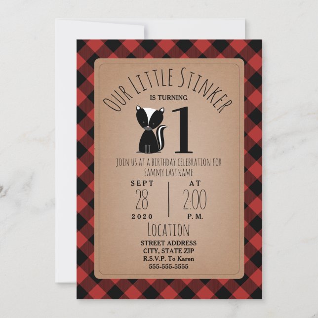 Skunk Lumberjack Plaid Birthday Party Invitation (Front)