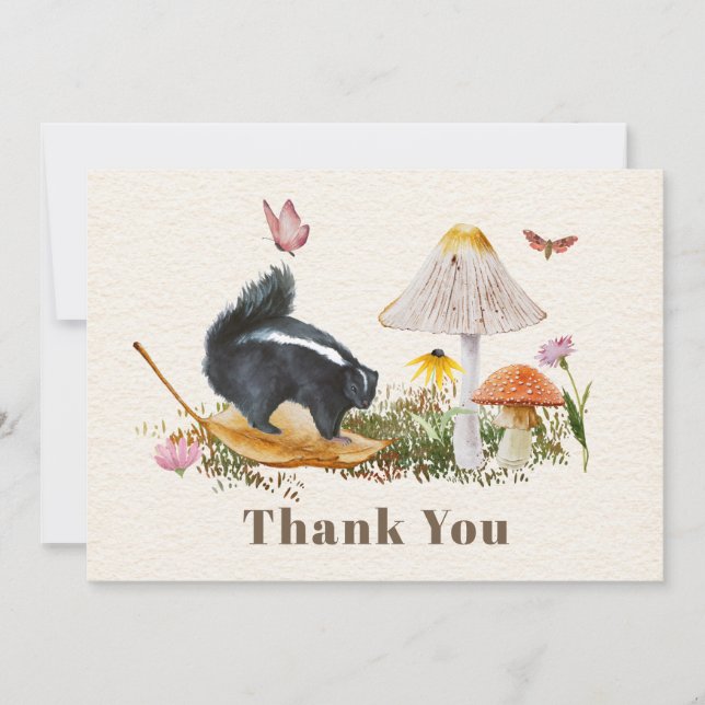 Skunk Mushrooms Butterflies Baby Shower Thank You Card (Front)