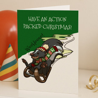 Skunk On A Sled Action Christmas Sledging Cartoon Holiday Card