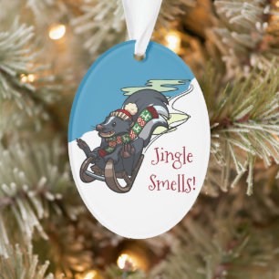 Skunk On A Sled Jingle Smells! Christmas Cartoon Ornament