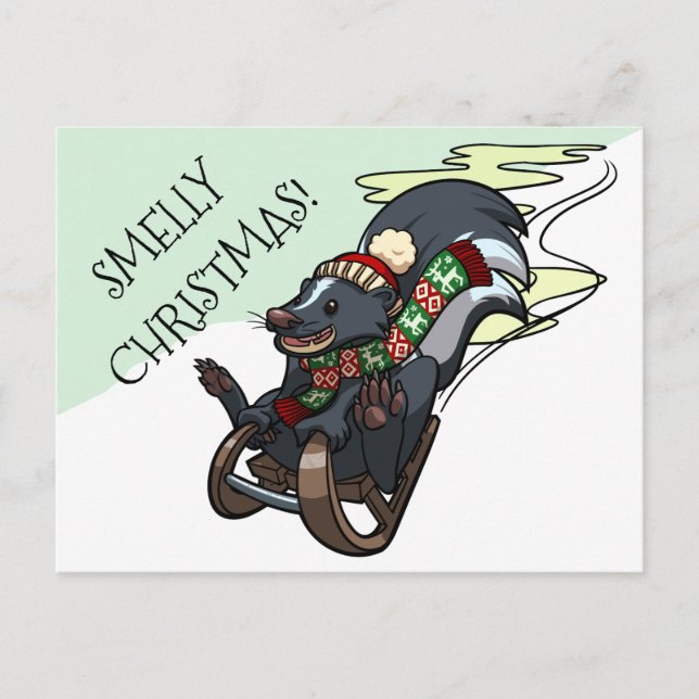 Skunk On A Sled Smelly Christmas Sledging Cartoon Holiday Postcard (Front)