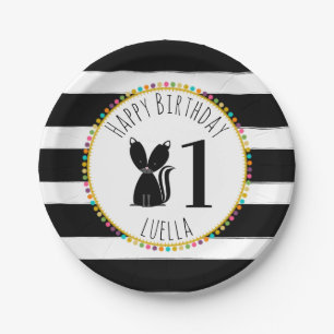 Skunk Pompom Stripes Birthday Paper Plate