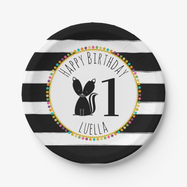 Skunk Pompom Stripes Birthday Paper Plate (Front)