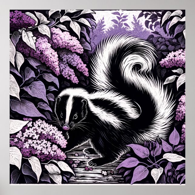 Skunk Skunks and Lilac Bush Purple                 Poster (Front)
