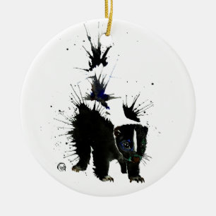 Skunk watercolour painting ceramic tree decoration