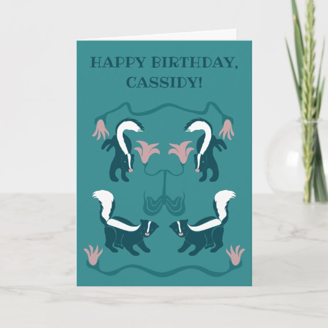 Skunks and Flowers Dark Teal Green Birthday Card (Front)