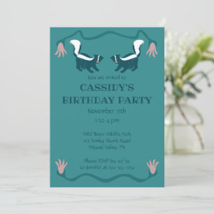 Skunks and Flowers Dark Teal Green Birthday Party Invitation