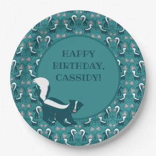 Skunks and Flowers Dark Teal Green Personalised Paper Plate