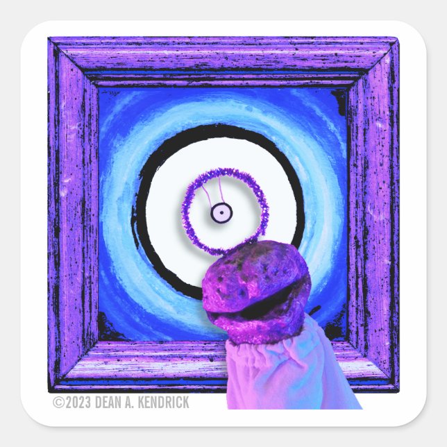 Skwot Above Assie the Barker on Eye Alien Square Sticker (Front)